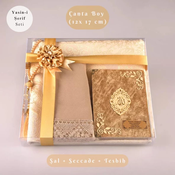 Şal + Seccade + Tesbih + Yasin Hediye Seti (Çanta Boy, Şems Lafzatullah, Raşel Cilt, Gold) ürün görseli 1