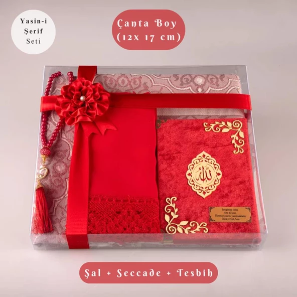 Şal + Seccade + Tesbih + Yasin Hediye Seti (Çanta Boy, Şems Lafzatullah, Raşel Cilt, Kırmızı) ürün görseli 1