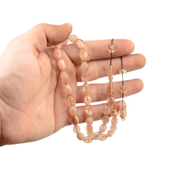 Özel Seri İmzalı Sistem Püsküllü 10x8 mm Arpa Kesim Ateş Kehribar Tesbih ürün görseli 1