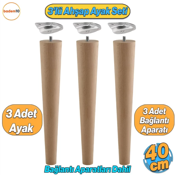 3'lü Ahşap Sehpa Ayak Takımı 40 cm Zigon Puf Tabure Ayağı Masa Ayakları Açılı Bağlantı Aparatı Dahil ürün görseli 1