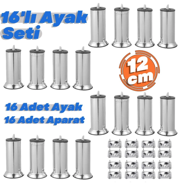 16'lı Set Krom 12cm Metal Mobilya Kanepe Koltuk Baza Yatak Çekyat Yükseltme Ayağı Ayakları M8 Civata ürün görseli 1
