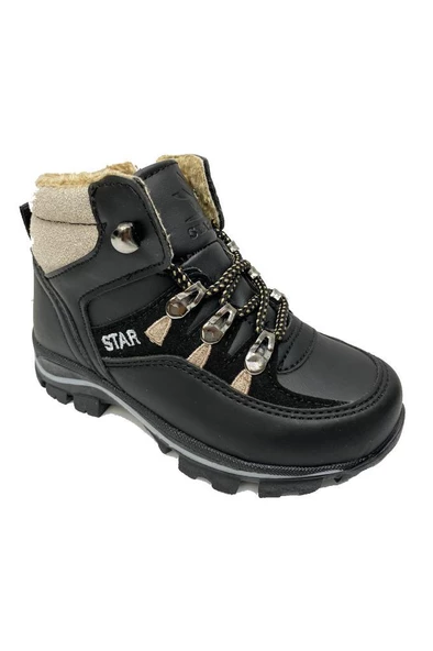 Star Kids 4476 Kürklü Trekking Patik Çocuk Bot Siyah Bej ürün görseli 1
