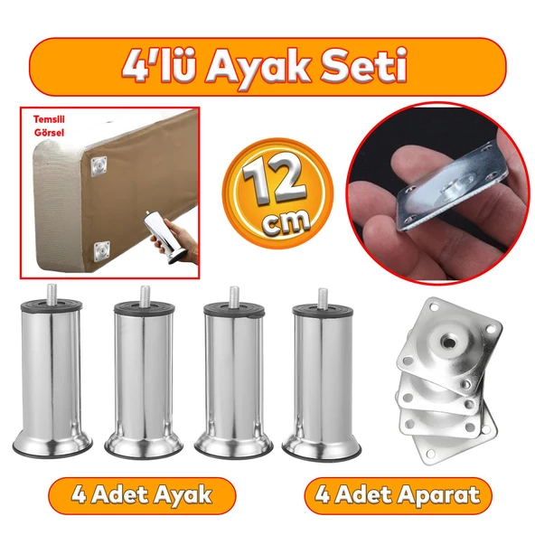 Metal Mobilya 4'lü Set Ayakları M8 Civata Krom 12 Cm Kanepe Koltuk Baza Yatak Çekyat Yükseltme Ayak ürün görseli 1