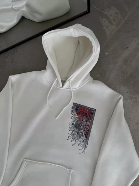 Uzun Kol Kapşonlu Ön Ve Arka Baskılı SweatShirt - Beyaz ürün görseli 1