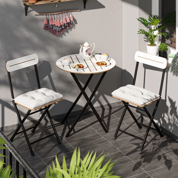 Eportatif Minderli Bistro Takım Bahçe Masa Sandalye Yuvarlak Beyaz 1485 ürün görseli 1