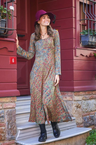 Yeşil Pera Desenli Uzun Kollu Kışlık Patch Elbise - Resim 2