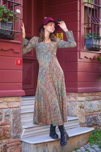 Yeşil Pera Desenli Uzun Kollu Kışlık Patch Elbise - Resim 3