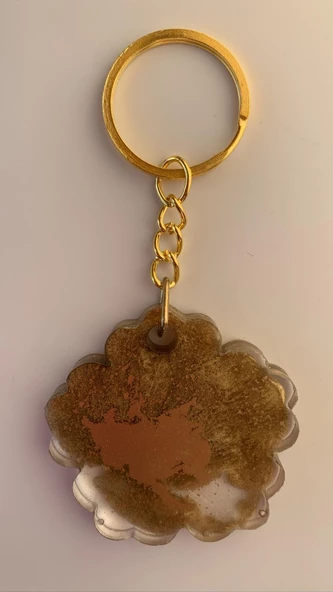 Şeffaf Epoksi İçinde Gold Süslemeli Çiçek Desenli Gold Aksesuarlı Epoksi Anahtarlık El Yapımı Hediyelik ürün görseli 1