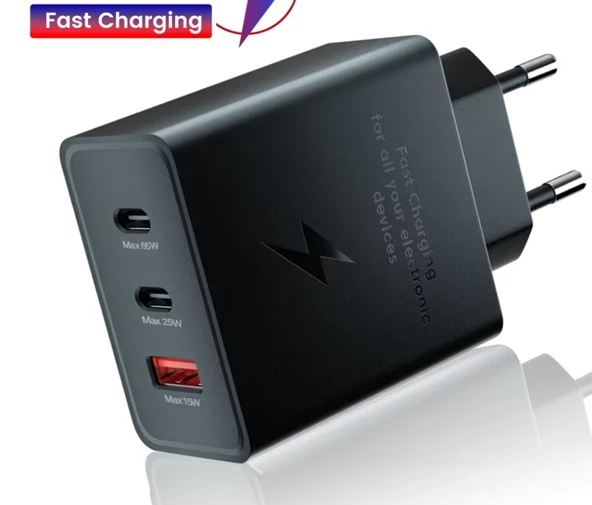 Type C & Type A Hizli Sarj Aleti Uclu 2xType C- Usb (65W - 25W - 15W)ADAPTÖR ürün görseli 1