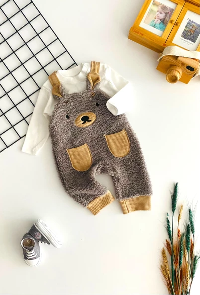 MuratBaby Welsoft Ayıcık Nakışlı Kulaklı Cepli Salopet Takım Gri ürün görseli 1