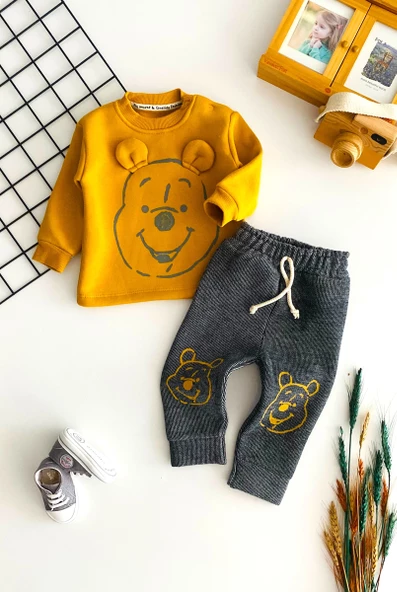 Neşeli Bebekler Winnie The Pooh Nakışlı Şardonlu Üç İp Polar Takım Hardal ürün görseli 1