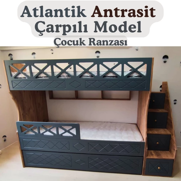 MDF Atlantik Antrasit Çarpılı Model Çocuk Ranzası ürün görseli 1