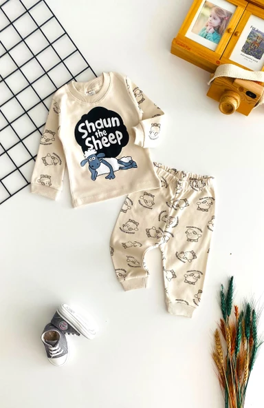 Neşeli Bebekler Baby Koyun Shaun Annesinin Kuzusu Baskılı Pijama Takım Bej ürün görseli 1
