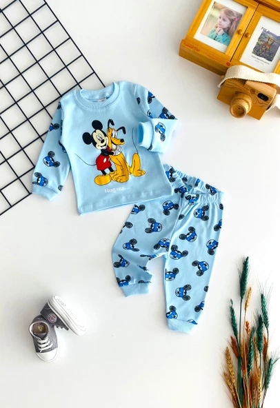 Neşeli Bebekler Baby Mickey ve Pluto Baskılı Pijama Takım Mavi ürün görseli 1