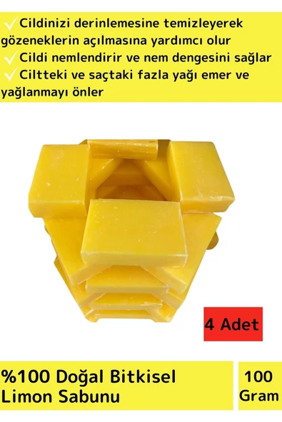Özel Üretim %100 Doğal Ciltte Derinlemesine Temizlik Yüz Cilt Saç Vücut Bitkisel Limon Sabunu 4 Adet ürün görseli 1