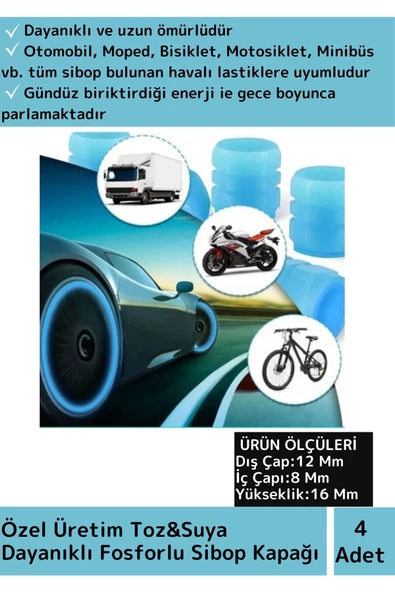 Özel Tüm Otomobil Bisiklet Motosiklet, Minibüslerle Uyumlu 4 Adet Fosforlu Mavi Sibop Kapağı ürün görseli 1