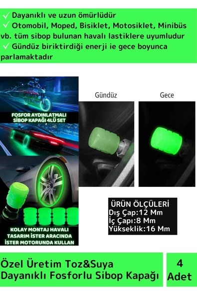 Premium Fosforlu Yeşil Sibop Kapağı Otomobil Bisiklet Motosiklet, Minibüslerle Uyumlu 4'lü ürün görseli 1