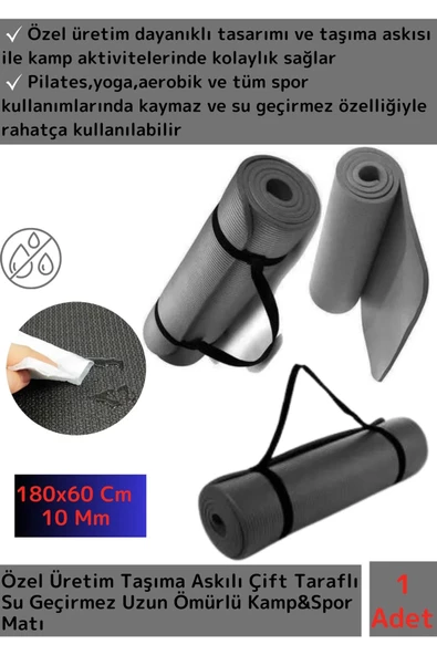 Özel Üretim Taşıma Askılı Çift Taraflı Kaymaz Su Geçirmez Pilates Kamp Fitness Yoga Matı Gri 10 Mm ürün görseli 1