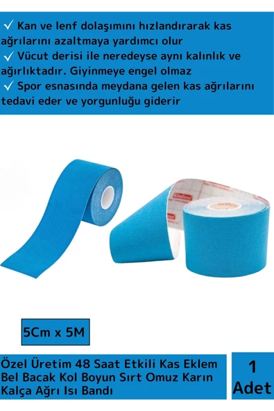 Premium Hızlı Etkili 5cmX5m Kas Eklem Bel Bacak Kol Boyun Sırt Omuz Karın Kalça Ağrı Bandı Mavi ürün görseli 1