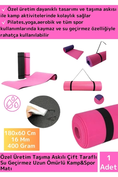 Premium Taşıma Askılı Çift Taraflı Kaymaz Su Geçirmez Pilates Kamp Fitness Yoga Matı Pembe 16 Mm ürün görseli 1