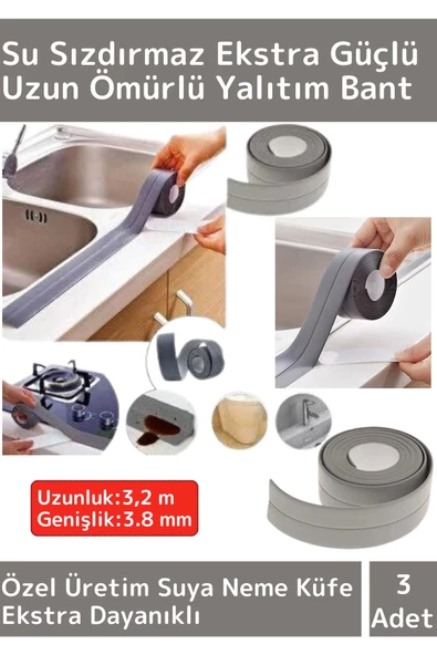 Özel Üretim Su Sızdırmaz Ekstra Dayanıklı Pvc Yağ Kenar Küf Önleyici 3.2m Gri İzolasyon Bant 3 Adet ürün görseli 1