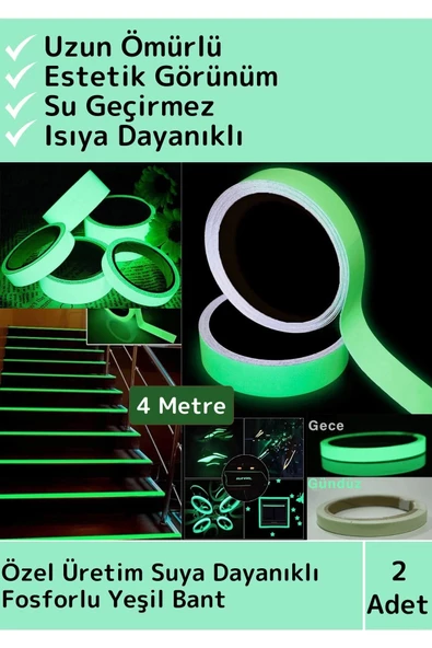 Premium Seri Karanlıkta Işık Veren Yansıyan 4 Mt Fosforlu Yeşil Şerit Yapışkanlı Reflektör Bant 2 Ad ürün görseli 1
