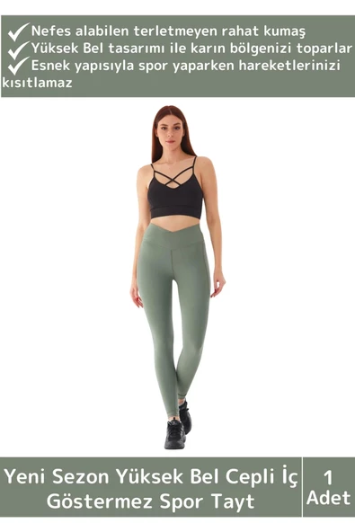 Yeni Kreasyon Sıkı Dokuma Teknolojili Yüksek Bel İç Göstermeyen Cepli Yoga Fitness Gym Spor Tayt ürün görseli 1