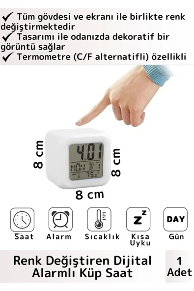Premium Dekoratif Küp Termometre Takvimli 7 Renk Değiştiren Dijital Alarmlı Küp Masa Çalar Saat ürün görseli 1