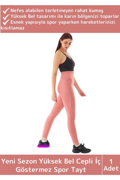 Yeni Kreasyon Sıkı Dokuma Teknolojili Yüksek Bel İç Göstermeyen Cepli Yoga Fitness Gym Spor Tayt ürün görseli 1