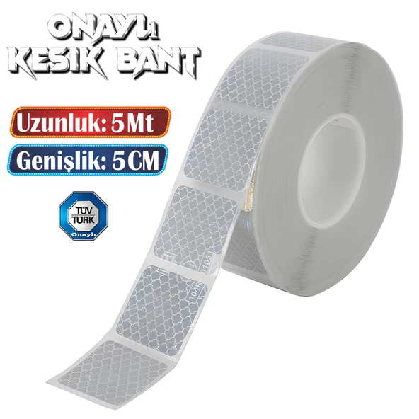 Tüvtürk Onaylı 5 Metre Beyaz Parçalı Reflektörlü Reflektif Fosforlu Şerit Bant Kesikli İkaz Bandı ürün görseli 1