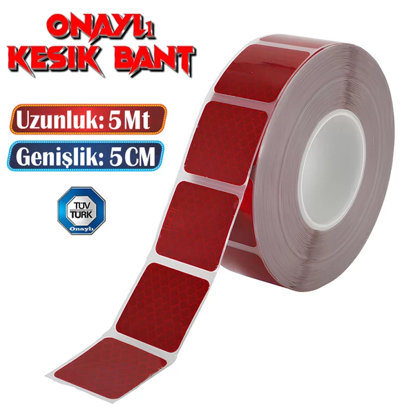 Tüvtürk Onaylı 5 Metre Kırmızı Parçalı Reflektörlü Reflektif Fosforlu Şerit Bant Kesikli İkaz Bandı ürün görseli 1