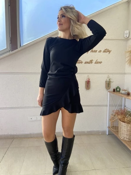 Kadın Uzun Kollu Bisiklet Yaka önden Volanlı Ithal Krep Elbise ürün görseli 1