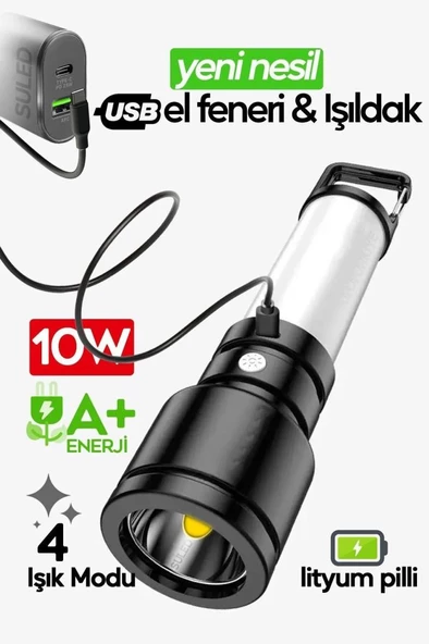 USB Şarjlı El Feneri ve Kamp Lambası 4 Modlu 10W A+ Led Işık Outdoor Askı Gs-860 ürün görseli 1