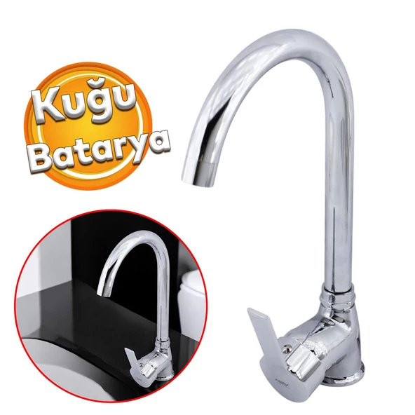 Banyo Lavabo Mutfak Musluk Krom Evye Bataryası Mix Sıcak Soğuk Su Girişli Kuğu Çeşme Krom Renk ürün görseli 1
