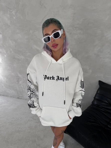Üç İplik Uzun Kol Kapşonlu Baskılı SweatShirt - Beyaz ürün görseli 1