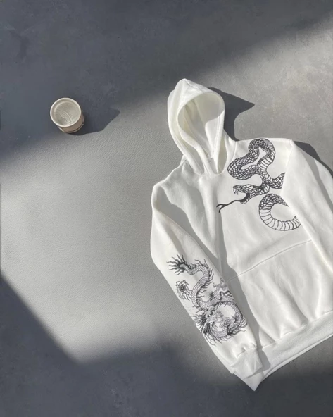 Uzun Kol Kapşonlu Baskılı SweatShirt - Beyaz - Resim 4