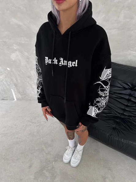 Üç İplik Uzun Kol Kapşonlu Baskılı SweatShirt - Siyah ürün görseli 1