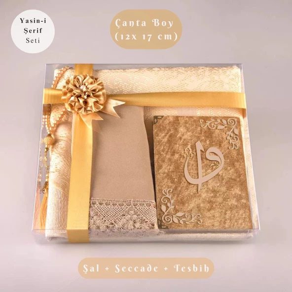 Şal + Seccade + Tesbih + Yasin Hediye Seti (Çanta Boy, ElifVav, Raşel Cilt, Gold) ürün görseli 1