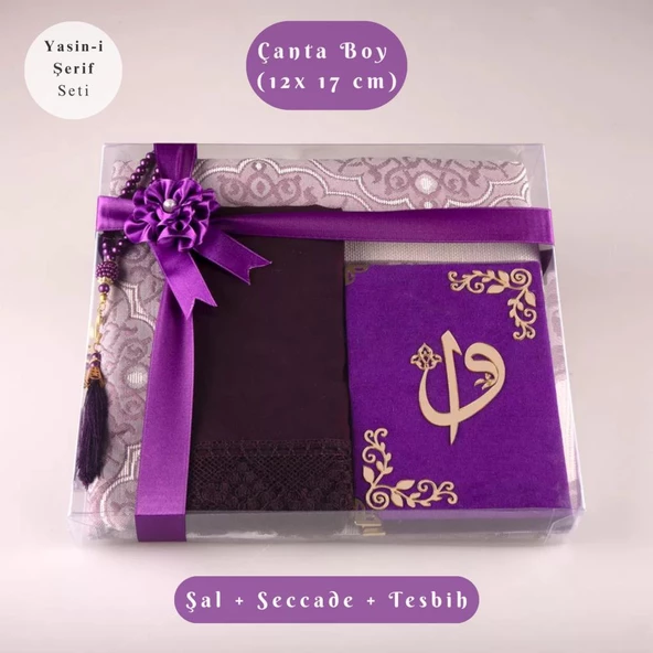 Şal + Seccade + Tesbih + Yasin Hediye Seti (Çanta Boy, ElifVav, Raşel Cilt, Mor) ürün görseli 1