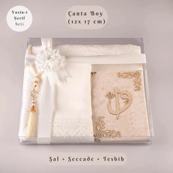 Şal + Seccade + Tesbih + Yasin Hediye Seti (Çanta Boy, ElifVav, Raşel Cilt, Krem) ürün görseli 1