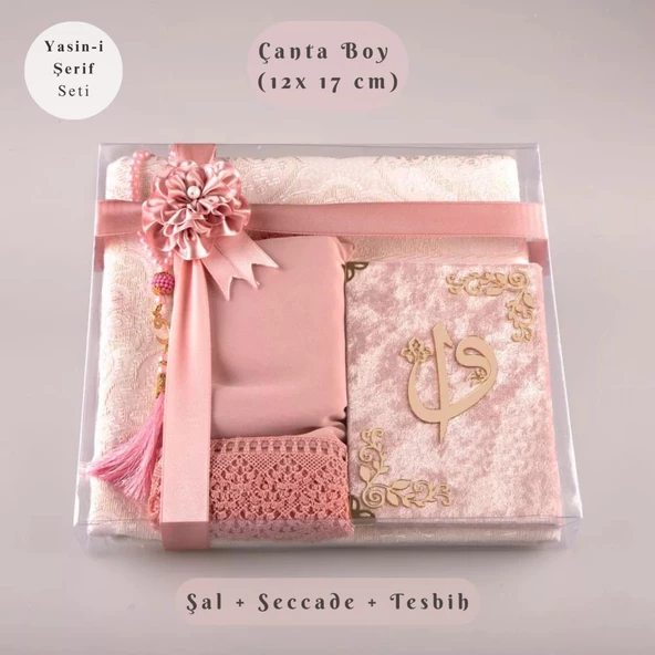 Şal + Seccade + Tesbih + Yasin Hediye Seti (Çanta Boy, ElifVav, Raşel Cilt, Bebe Pembe) ürün görseli 1
