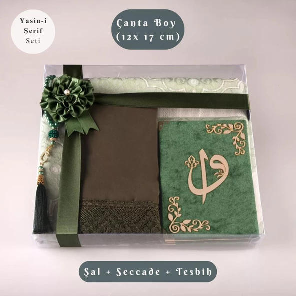 Şal + Seccade + Tesbih + Yasin Hediye Seti (Çanta Boy, ElifVav, Raşel Cilt, Yeşil) ürün görseli 1