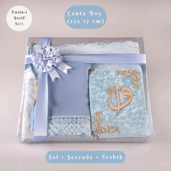 Şal + Seccade + Tesbih + Yasin Hediye Seti (Çanta Boy, ElifVav, Raşel Cilt, Bebe Mavi) ürün görseli 1