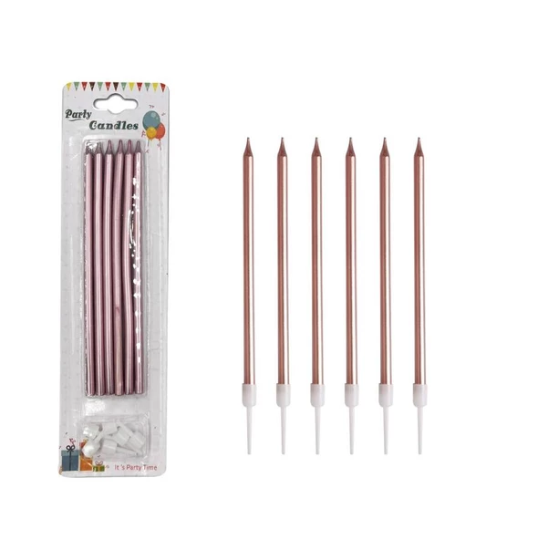 Metalik İnce Mum Pembe 15 cm 6 lı ürün görseli 1