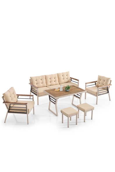 Evdemo Lara Metal Puflu Bahçe Balkon Takımı 3+1+1+Ahşap Masa Cappuccino ürün görseli 1