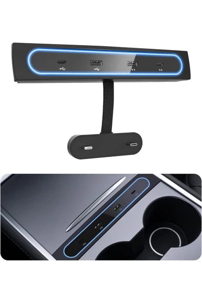 BGZ STORE   Tesla Model 3/Y için USB Şarj Cihazı - Çoklu Bağlantı Noktası ve Mavi LED Işıklı USB Hub ürün görseli 1
