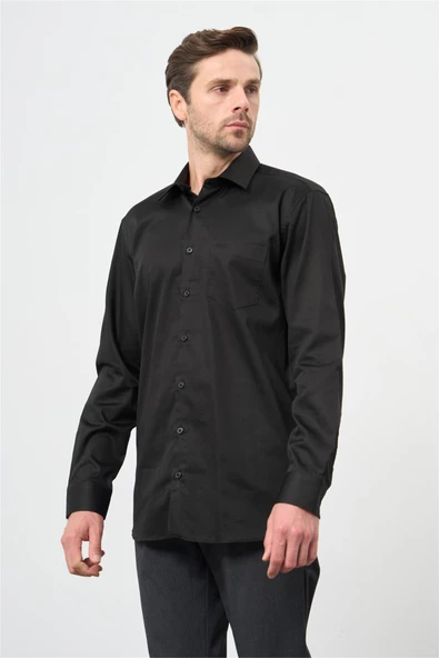 Siyah Uzun Kol Düz Bez Ayağı Sert Yaka Classic Comfort Fit Gömlek 1004245323 ürün görseli 1