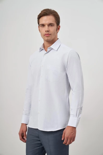 Beyaz Uzun Kol Kareli Desen Bez Ayağı Sert Yaka Cepli Pamuklu Classic Comfort Fit Gömlek 1004245159 ürün görseli 1