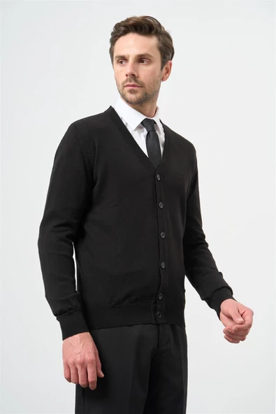 Siyah Uzun Kol Düz Örme V Yaka Classic Comfort Fit Triko Hırka 1012245016 ürün görseli 1