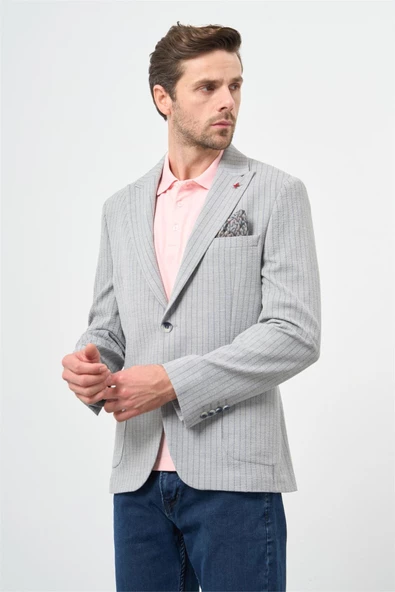Gri Gofreli Kırlangıç Yaka Likralı 6 Drop Slim Fit Klasik Ceket 1002240111 ürün görseli 1
